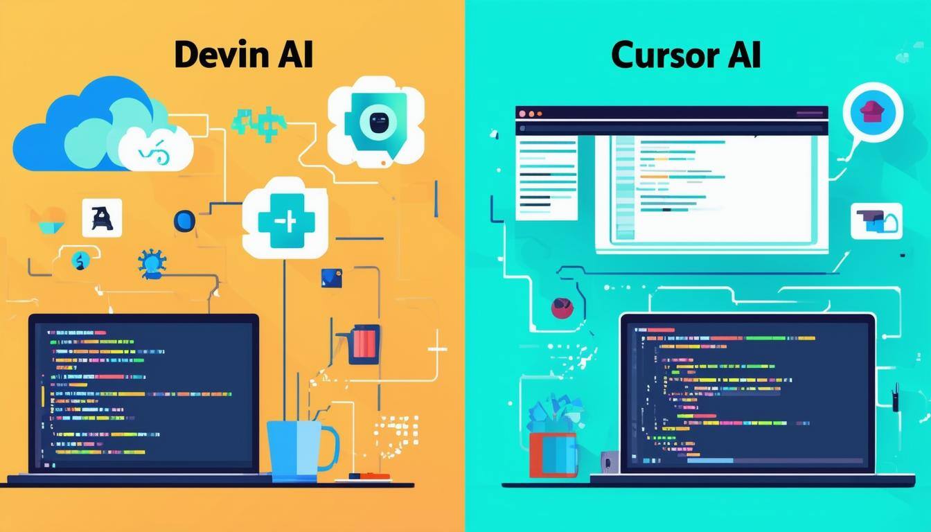 The image depicts a splitscreen comparison between two AI coding assistants Devin AI and Cursor AI