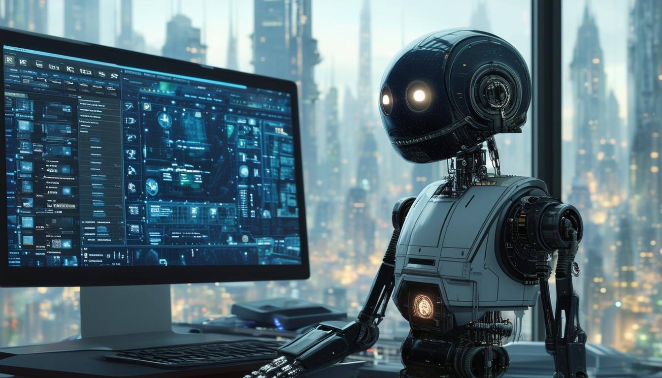 a computer screen side by side with a droid looking robot in a cityscape scene