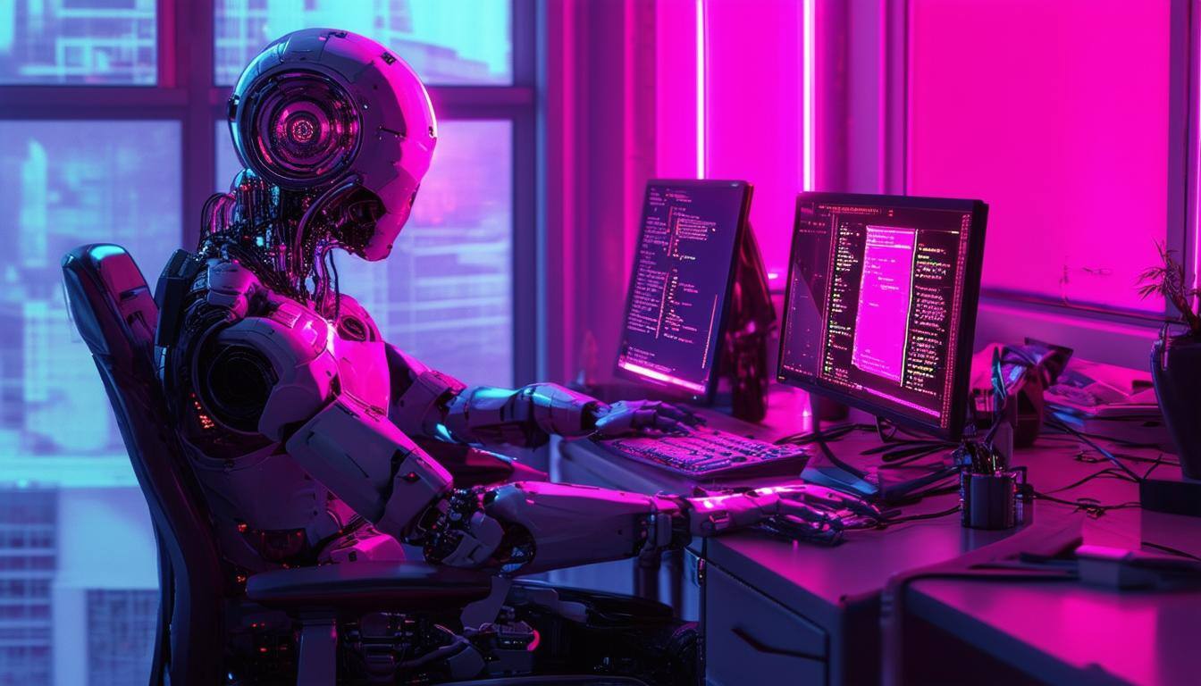 a human and a robot sitting next to each other at the same computer